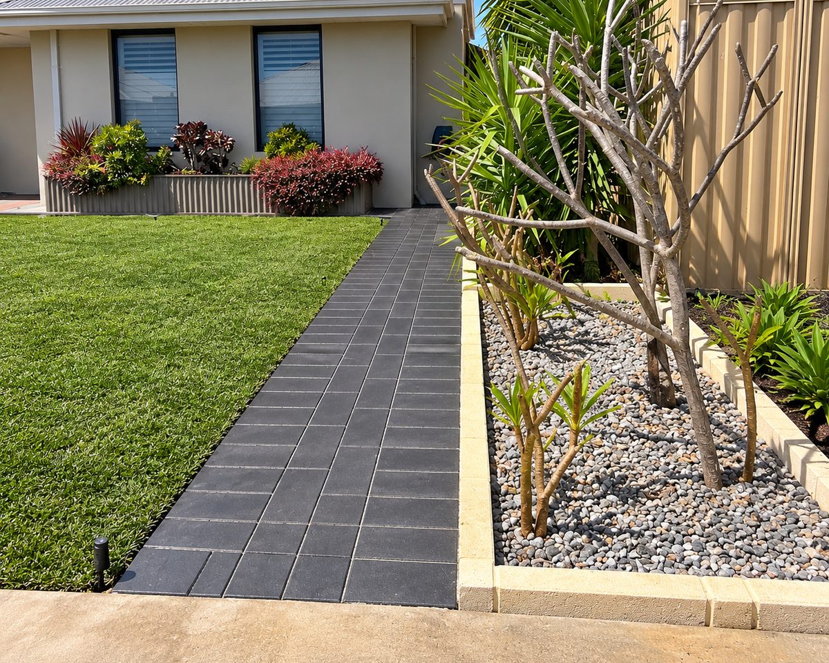 Charcoal paved path beside a new lawn and gravel garden bed