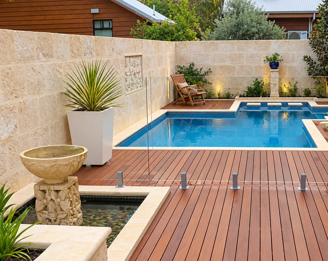 Backyard with timber decking, pool and limestone walls
